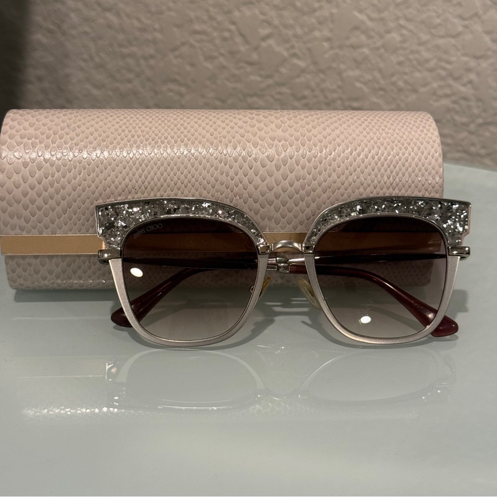 JIMMY CHOO ROSY Gunmetal Pink/Grey Glitter Bar Flat Butterfly Sunglasses w/ Case
